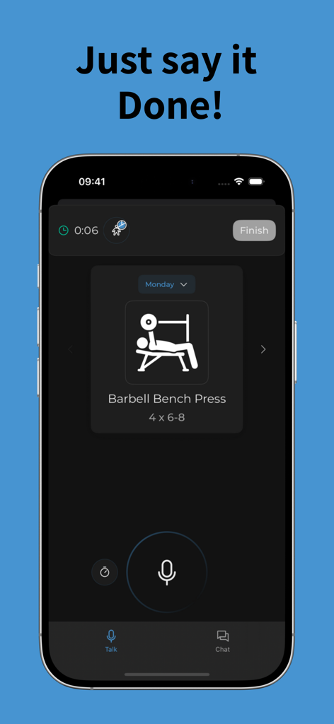 W8Log app interface showing a voice command screen for tracking a barbell bench press workout