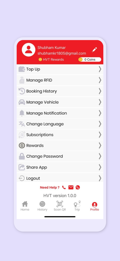 HVT - HVT 전기차 충전 앱의 사용자 프로필 및 계정 설정 화면
