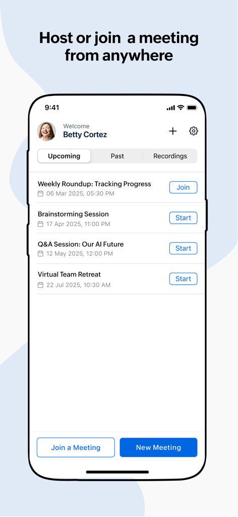Zoho Meeting - Online Meetings - Zoho Meeting mobile dashboard showing a list of upcoming scheduled meetings with start and join buttons