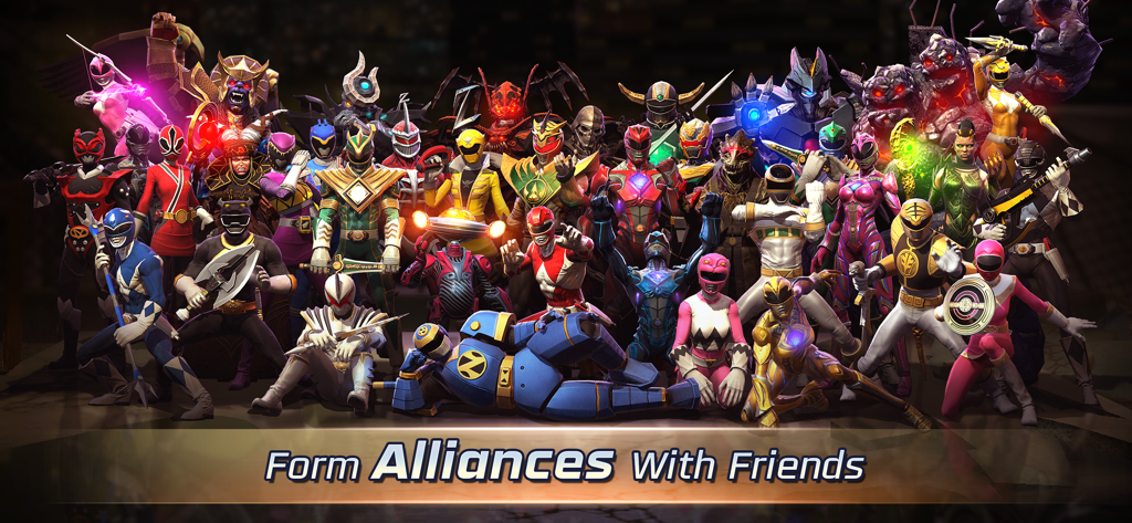 A wide roster of Power Rangers and villains with text about forming alliances