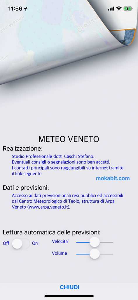 Information screen of METEO VENETO app with settings for automatic forecast reading and data sources
