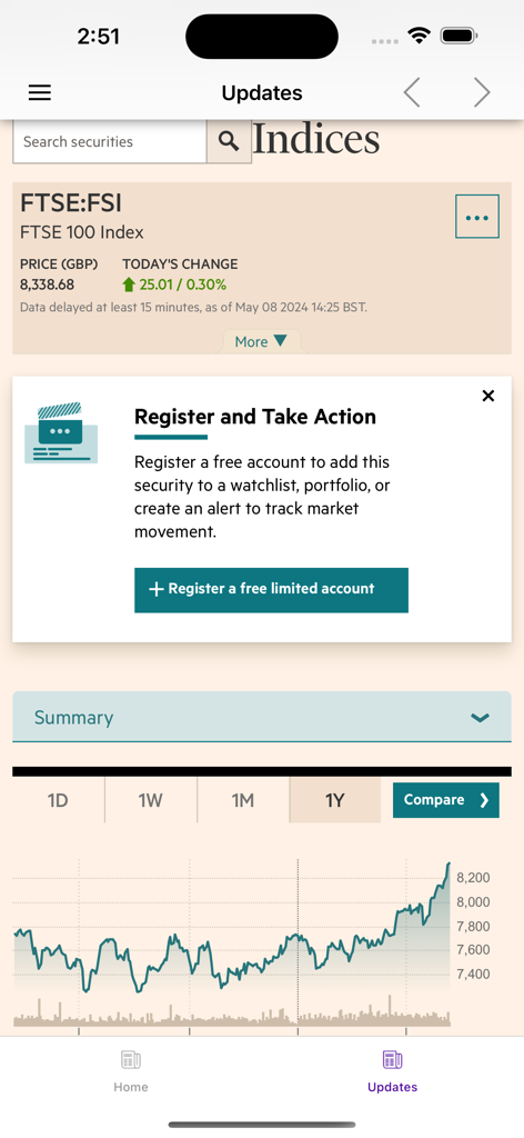 Cotizaciones y gráfico de rendimiento del índice FTSE 100 en tiempo real en una aplicación móvil.