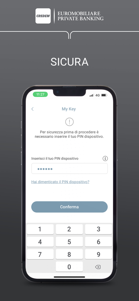 Business On App - Écran de saisie du code PIN sécurisé pour l'application Euromobiliare Private Banking.