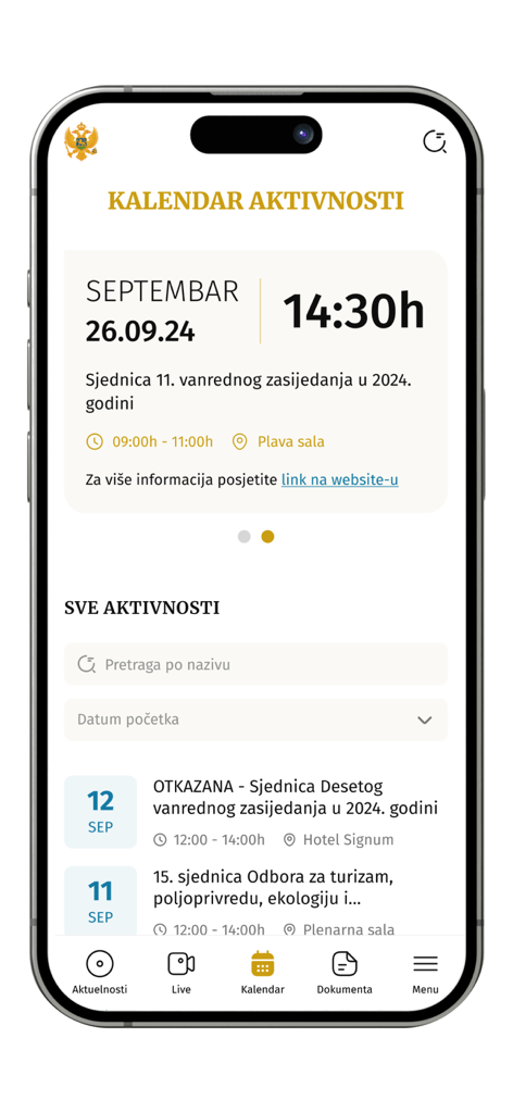 Skupština CG - Activity calendar screen of the Skupština CG app showing parliamentary session dates and details.