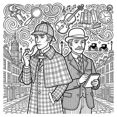 Step into the intriguing world of Victorian mysteries with this detailed coloring page featuring the legendary detective duo, Sherlock Holmes and Dr. Watson. Bring their iconic adventure to life with your favorite colors, exploring intricate patterns and thematic elements.