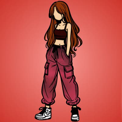 girl in baggy pants crop top and long hair