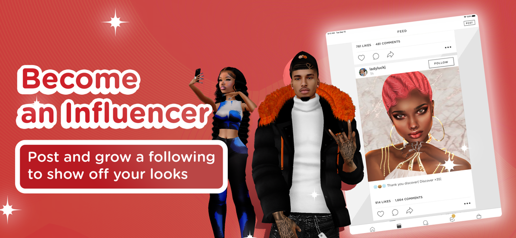 Des avatars 3D stylés et un flux social intégré à l'application IMVU avec le texte « Devenez influenceur ».