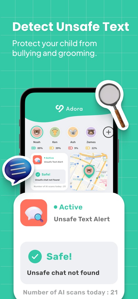 Adora-App-Oberfläche mit KI-gestützter Erkennung unsicherer Texte zum Schutz von Kindern vor Mobbing