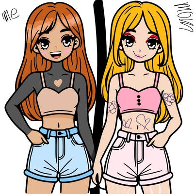 two sisters with crop tops and jean shorts and straight hair