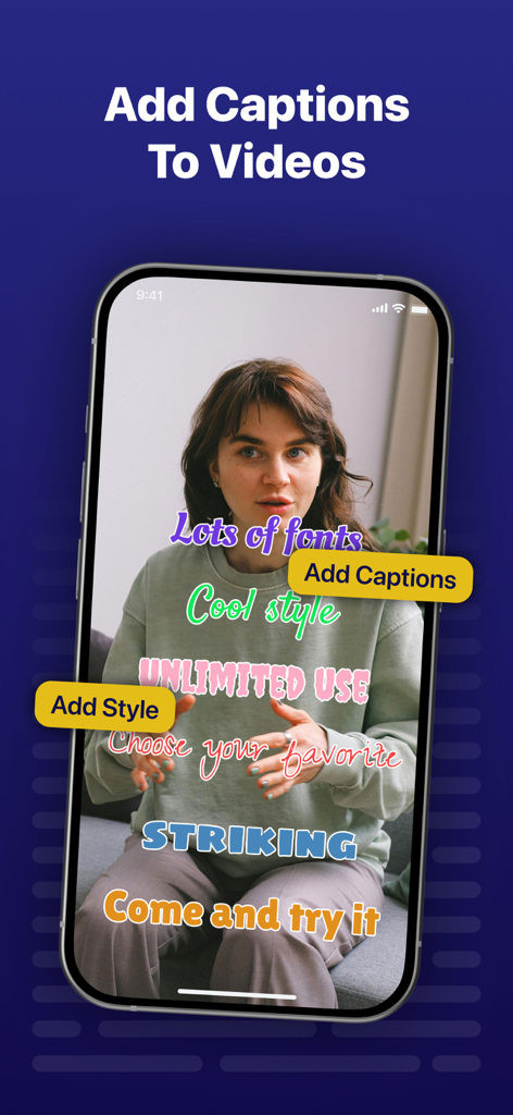 Teleprompter - Captions - 女性が話している動画に、様々​​なカラフルでスタイリッシュなキャプションが重ねて表示されているテレプロンプターアプリを示すスマートフォン画面。