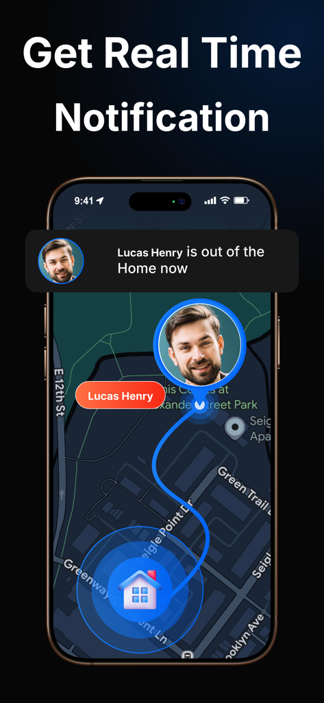 Phone Number Location Finder - 家族メンバーのリアルタイム位置追跡と通知を表示するモバイルアプリのインターフェース
