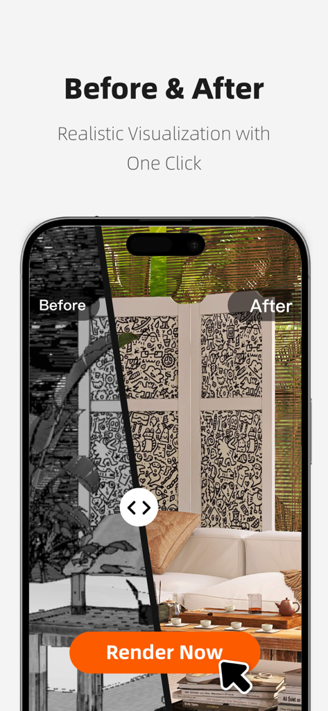 Homestyler-3D Home Decor - Comparaison en écran partagé d'une pièce avant et après rendu 3D réaliste dans l'application Homestyler
