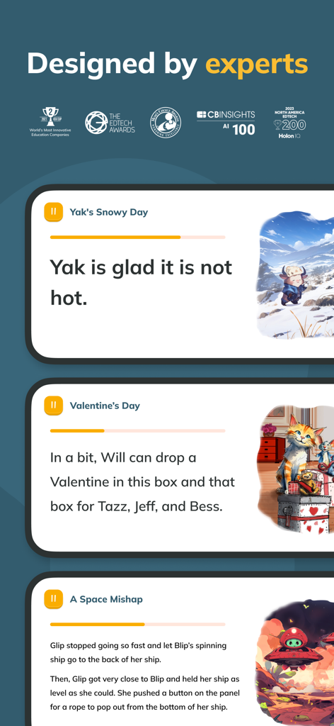 Read with Ello app interface showing award badges and a selection of illustrated reading books for children