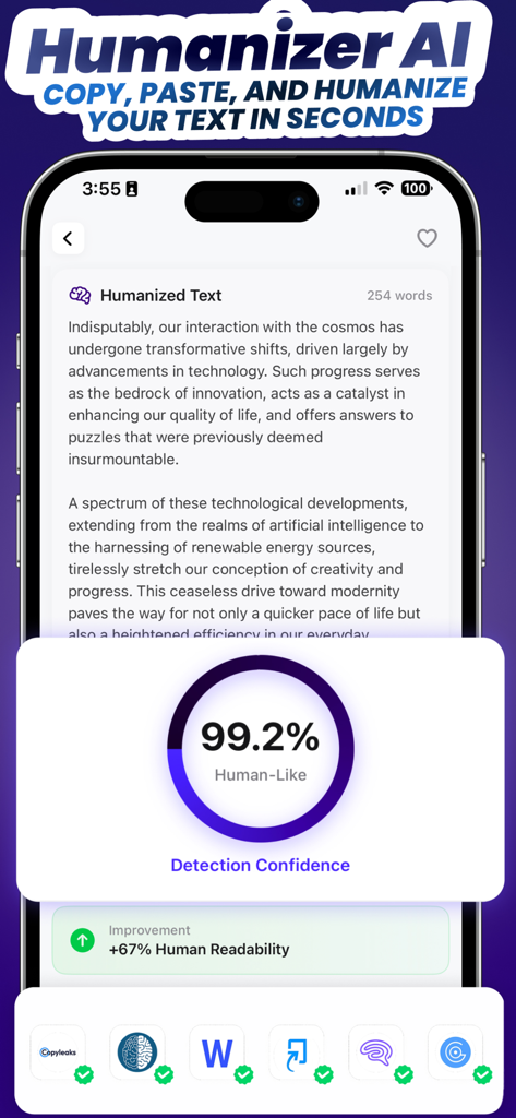W. Writes AI app interface showing a 99.2 percent human-like detection confidence score for rewritten text.