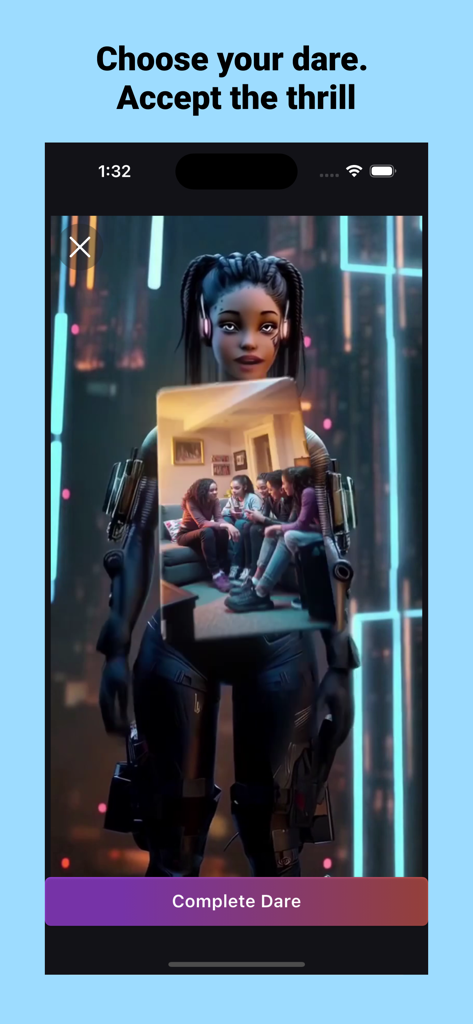 Jitter - Interfaccia dell'app Jitter che mostra un personaggio futuristico che presenta una carta sfida con una foto di gruppo e un pulsante Completa Sfida.