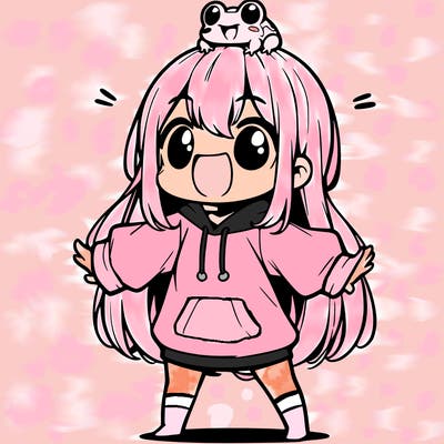 a excited chibi girl whith long hair and a baggy shirt whith a frog on there head