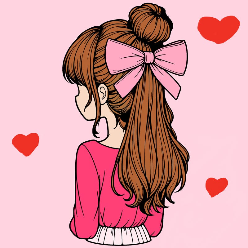 realistic girl  with hip length hair a bun and a big bow on the back of head