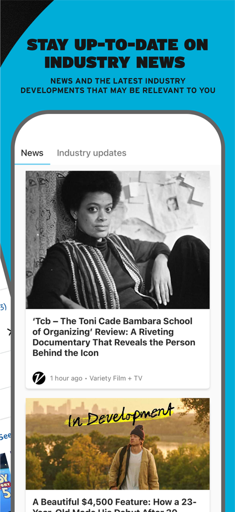 IMDbPro - IMDbPro mobile app screen showing entertainment industry news and production updates