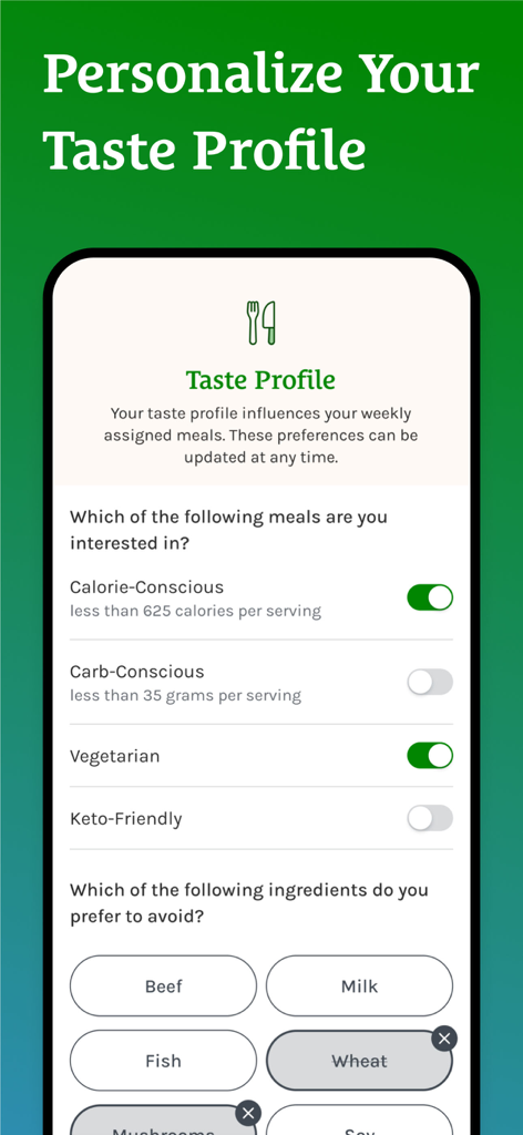 Personalize your taste profile screen in the Home Chef app showing dietary preferences and ingredient exclusions