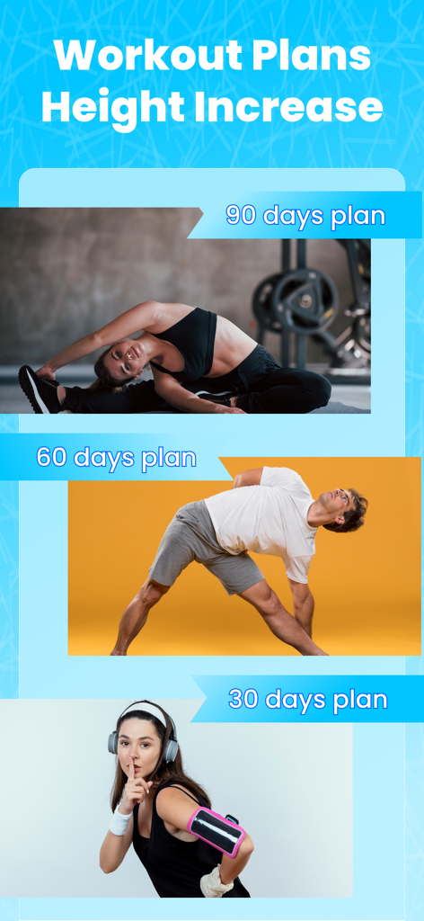 Um menu de planos de treino de aumento de altura de 30, 60 e 90 dias com imagens de pessoas se alongando