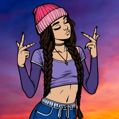 realistic teenage girl with braids and a beanie and crop top doing 🫶🏼