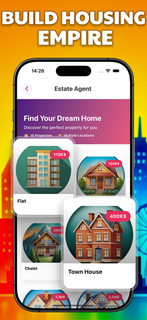 Business Game - Life Simulator - Estate agent interface in Business Life Simulator showing property investment options like flats and houses