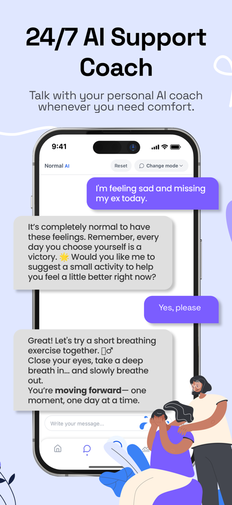 No Contact Tracker: Breakup AI - 이별 회복을 위한 위안과 호흡 운동을 제공하는 24/7 AI 지원 코치 채팅을 보여주는 No Contact Tracker 앱 인터페이스.