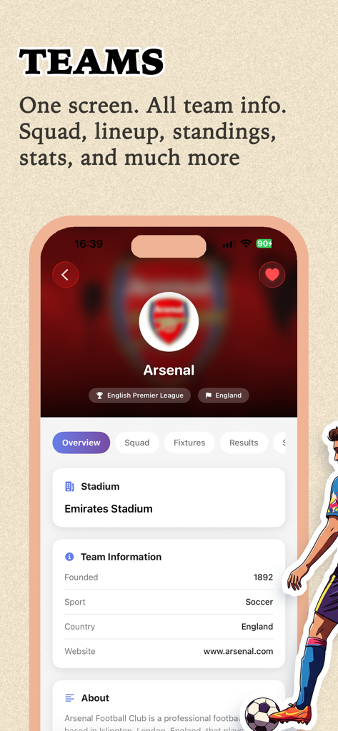 Nova Score - Nova soccer Hub - Tela de perfil da equipe Arsenal no aplicativo Nova Score mostrando dados do estádio e do clube