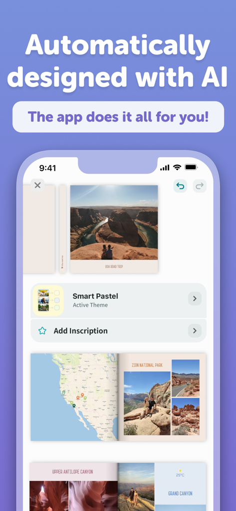 Journi Print app interface showing an automatically designed photobook with travel photos and maps using AI.
