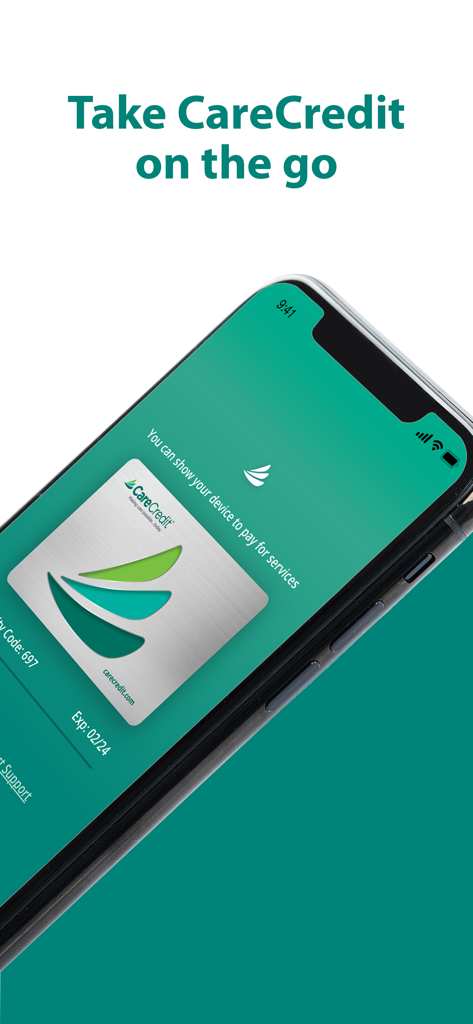 CareCredit Mobile - 外出先での医療費支払いのための安全なデジタルカードが表示されたCareCreditモバイルアプリのスマートフォン画面