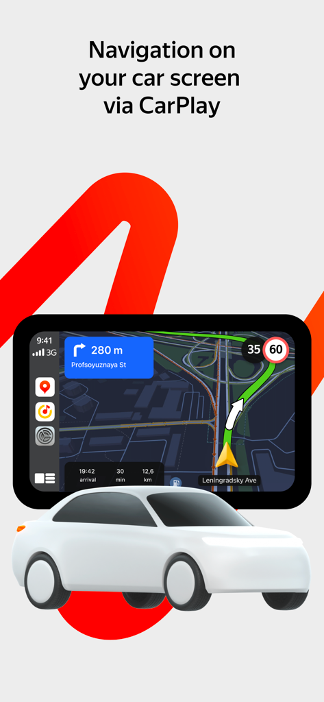 Interface de navegação do Yandex Maps exibida na tela de um carro via Apple CarPlay