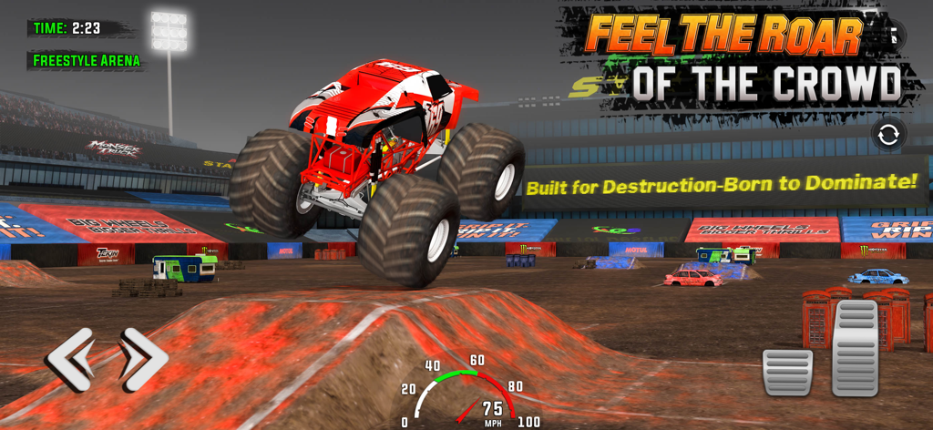 Monster Truck: Drag Race Clash - Un monster truck rojo y blanco realizando un salto sobre una rampa de barro en un estadio de arena de estilo libre.