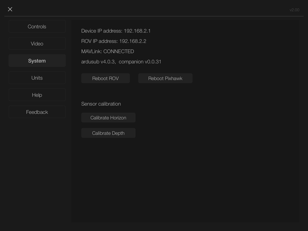 BlueROV Control - Menú de configuración del sistema de Control BlueROV con calibración de sensores e información del dispositivo