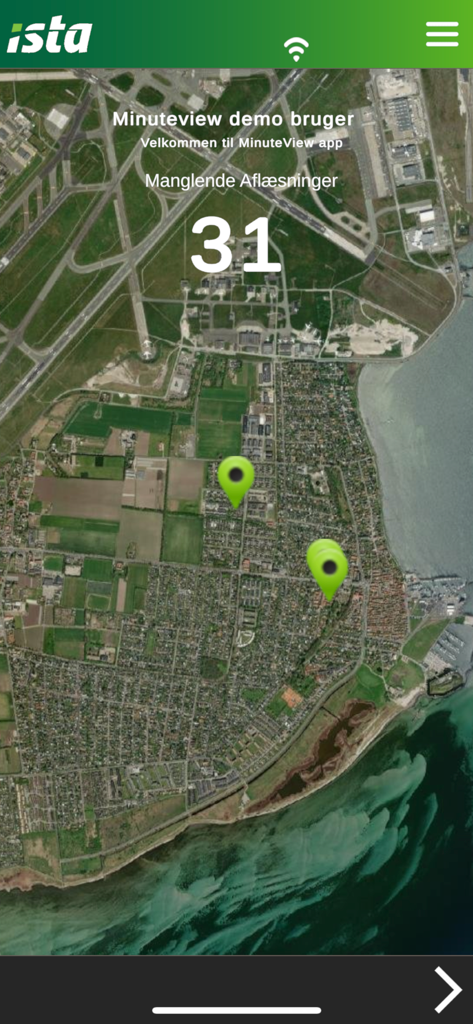 MinuteView - MinuteView app satellite map interface showing location pins and a counter for 31 missing meter readings.