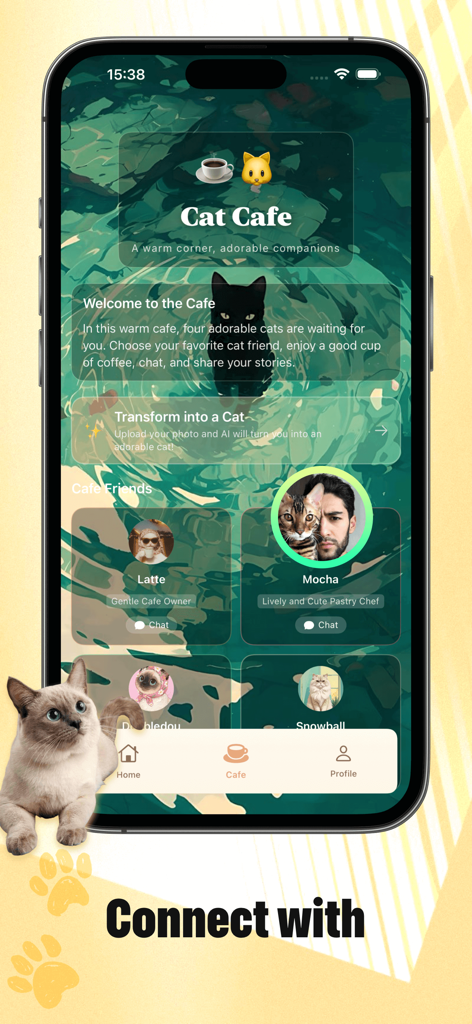 Glph - Oberfläche der Glph-App, die das virtuelle Katzen-Café mit verschiedenen Katzenbegleitern zum Chatten zeigt