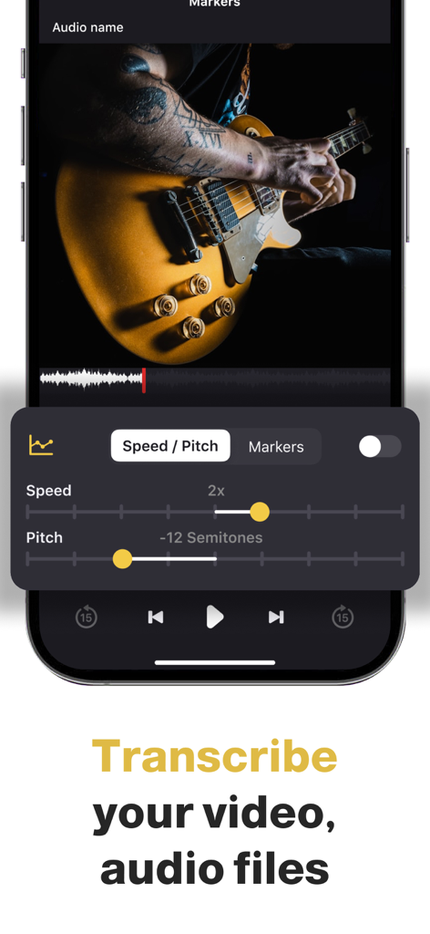 Music Speed Changer-Transpose - App interface for transcribing video and audio with speed and pitch controls.
