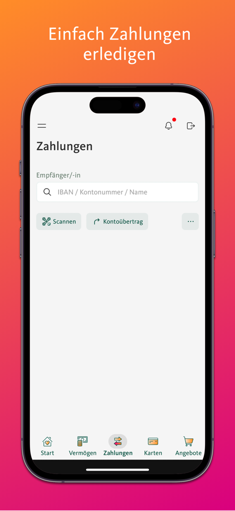 Migros Bank E-Banking - Pantalla de pagos de la aplicación móvil Migros Bank E-Banking mostrando opciones para escanear y transferir cuentas