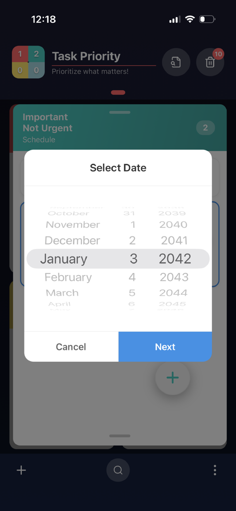 Quadrix - Date picker modal in the Quadrix app for scheduling tasks in the Eisenhower Matrix