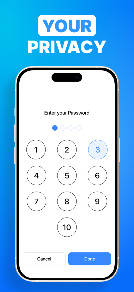 eSign - Fill & Sign Form Docs - Datenschutz-Oberfläche der eSign-App, die eine numerische Tastatur zur Passwortschutz und zum Schutz von Dokumenten zeigt