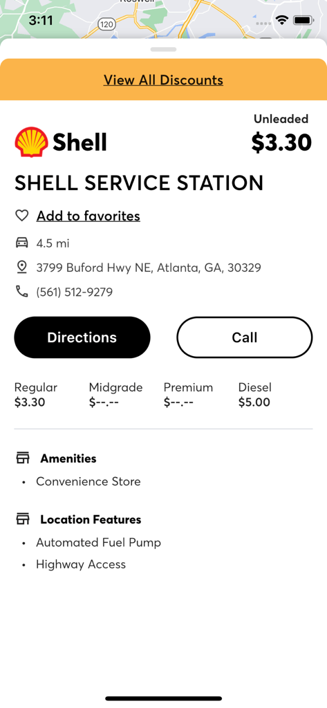 DRIVEN FOR FUELMAN® - Gas station details showing fuel prices and amenities in the Driven for Fuelman app