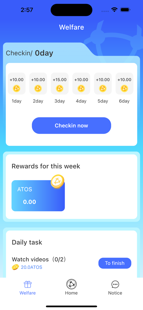 ATOSHI:Crypto Mining & Rewards - ATOSHI app interface for daily check-in and earning crypto rewards