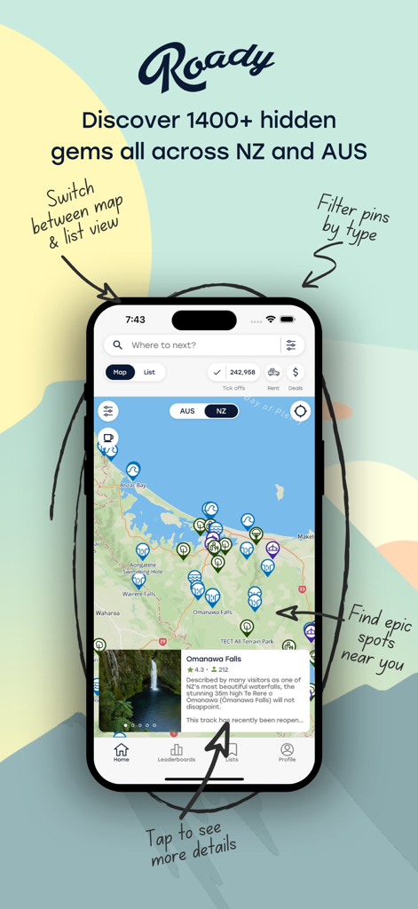 Roady - Roady mobile app interface showing a map of New Zealand with pins for hidden waterfalls and swimming holes