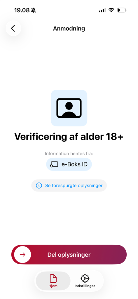 e-Wallet - Tela de verificação de idade digital no aplicativo Carteira Digital para usuários com mais de 18 anos usando e-Boks ID