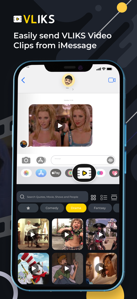 VLIKS - VLIKS app screen displaying iMessage extension for sharing short video clips from movies and TV shows