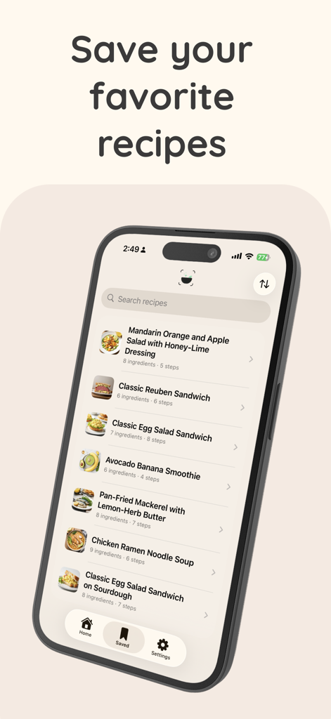 DishMe AI - iPhone screen displaying a list of saved recipes in the DishMe AI app like salads and sandwiches.