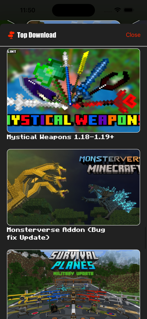 MCPE ADDONS - For MINECRAFT PE - Top download section of the MCPE ADDONS app featuring Minecraft weapon monster and plane mods