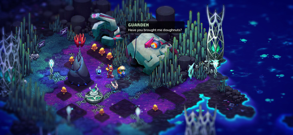 In-game screenshot of Crashlands 2 showing characters interacting in a vibrant alien environment with a dialogue box
