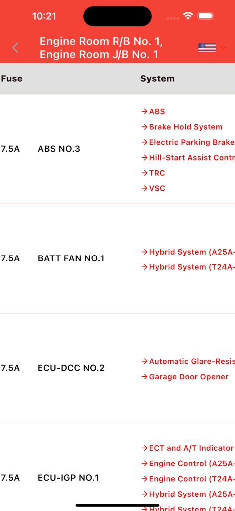 TOYODATA - TOYODATA app interface displaying a detailed fuse box list and the specific vehicle systems they control