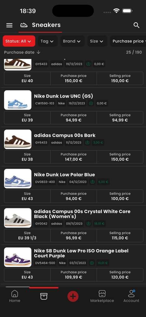 Interface of the PocketSneaker app showing a list of sneakers with purchase and selling price tracking