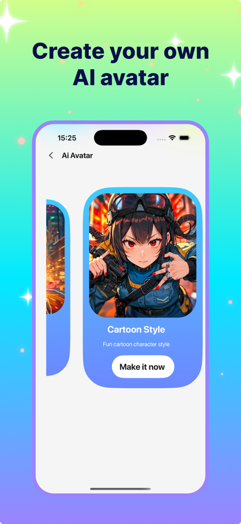 A mobile screen showing the AI avatar creation interface with a cartoon anime style option